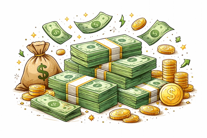 A pile of money with stacks of cash gold coins and a money bag showing wealth and finance